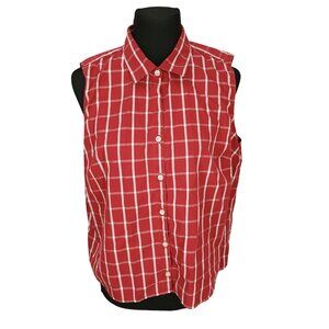 Lands‎ End Womens Sleeveless Red Plaid Button-Up Shirt Size 18 Cotton Blend